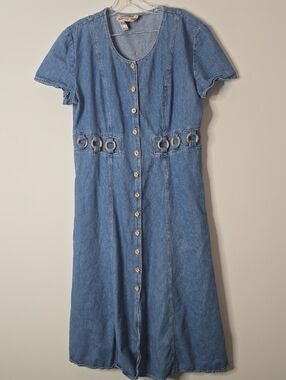 Vintage 90's Denim Button-Front Midi Dress with Ring Detail – Boho Cottagecore